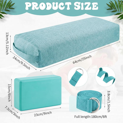 4 Pcs Yoga Bolster Pillows Blocks with Strap Set Comfortable Meditation Pillow with Carry Handle for Restorative Non Slip Reusable Yoga Blocks for Balance, Pilates, Washable Cover