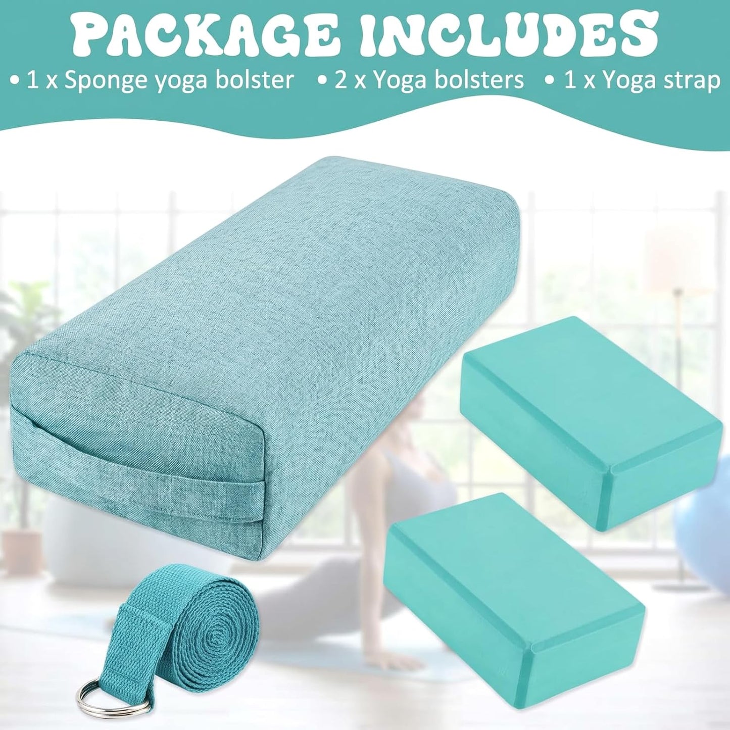 4 Pcs Yoga Bolster Pillows Blocks with Strap Set Comfortable Meditation Pillow with Carry Handle for Restorative Non Slip Reusable Yoga Blocks for Balance, Pilates, Washable Cover