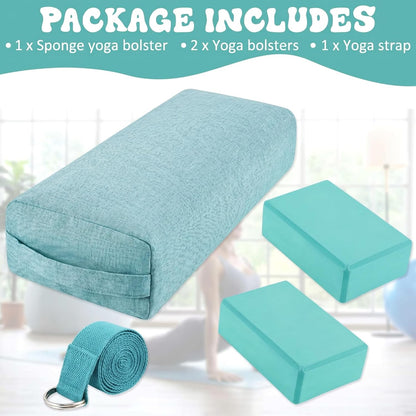 4 Pcs Yoga Bolster Pillows Blocks with Strap Set Comfortable Meditation Pillow with Carry Handle for Restorative Non Slip Reusable Yoga Blocks for Balance, Pilates, Washable Cover