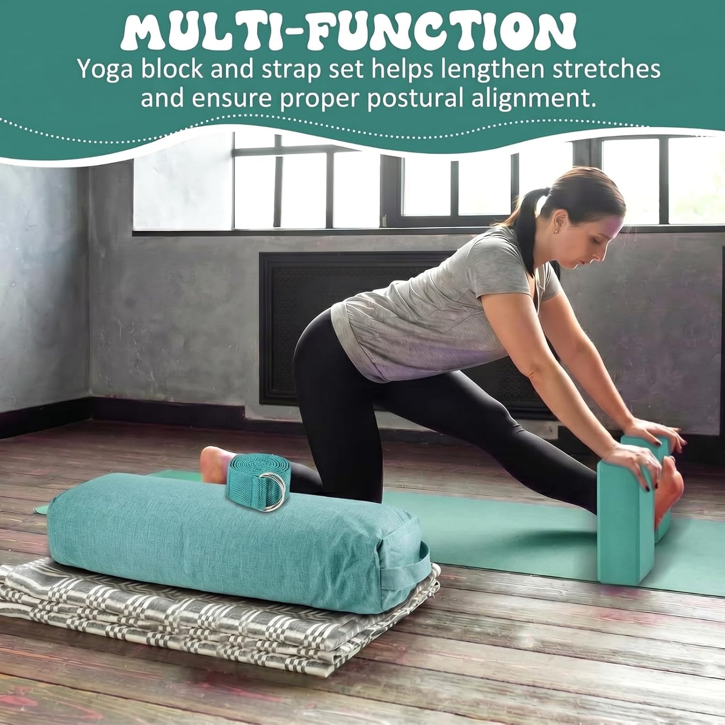 4 Pcs Yoga Bolster Pillows Blocks with Strap Set Comfortable Meditation Pillow with Carry Handle for Restorative Non Slip Reusable Yoga Blocks for Balance, Pilates, Washable Cover