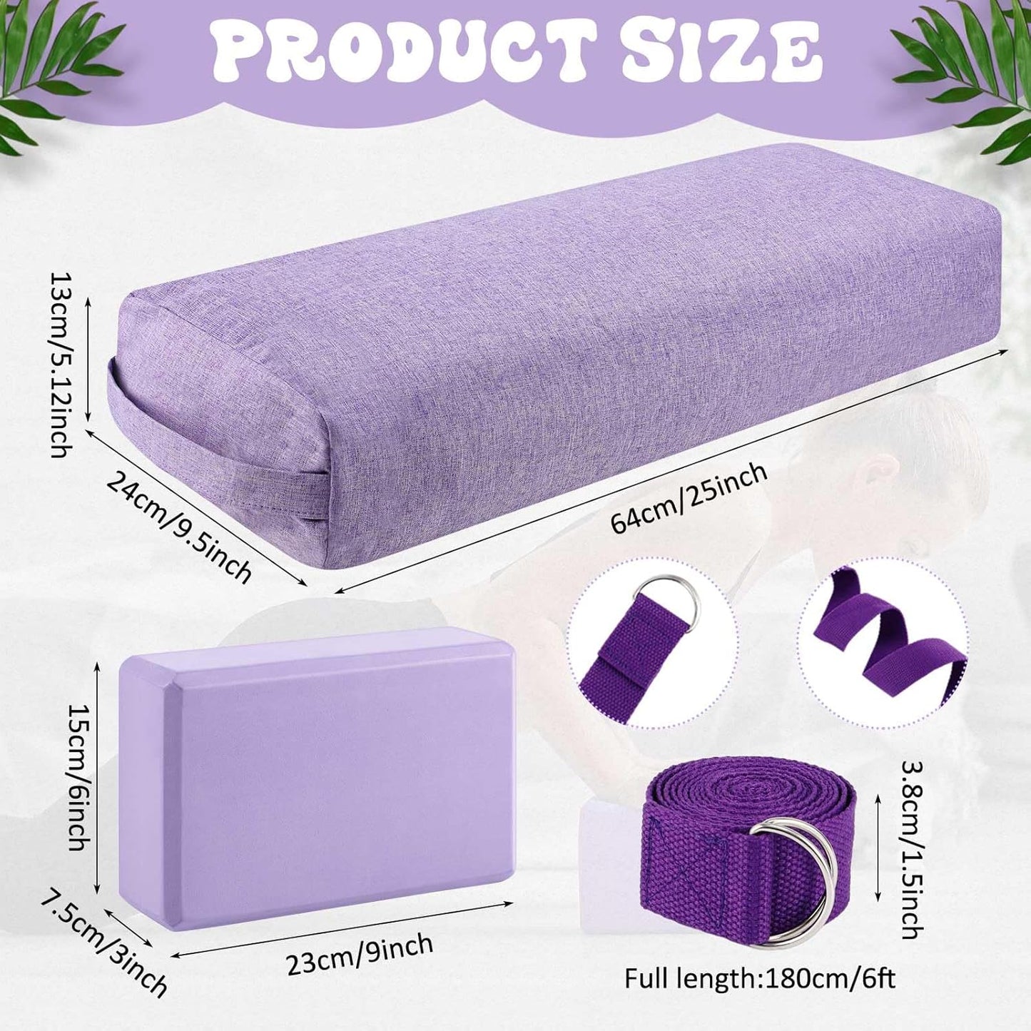 4 Pcs Yoga Bolster Pillows Blocks with Strap Set Comfortable Meditation Pillow with Carry Handle for Restorative Non Slip Reusable Yoga Blocks for Balance, Pilates, Washable Cover