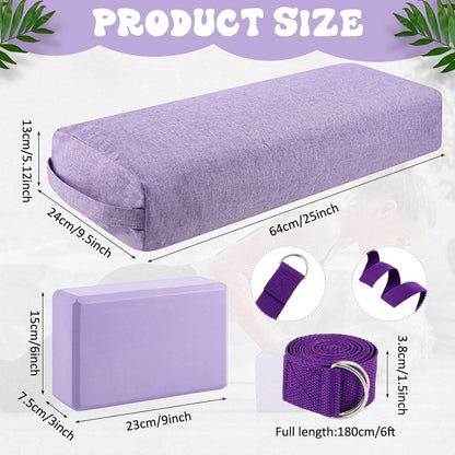 4 Pcs Yoga Bolster Pillows Blocks with Strap Set Comfortable Meditation Pillow with Carry Handle for Restorative Non Slip Reusable Yoga Blocks for Balance, Pilates, Washable Cover
