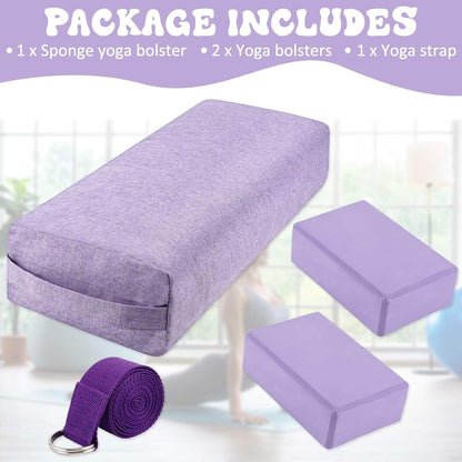 4 Pcs Yoga Bolster Pillows Blocks with Strap Set Comfortable Meditation Pillow with Carry Handle for Restorative Non Slip Reusable Yoga Blocks for Balance, Pilates, Washable Cover