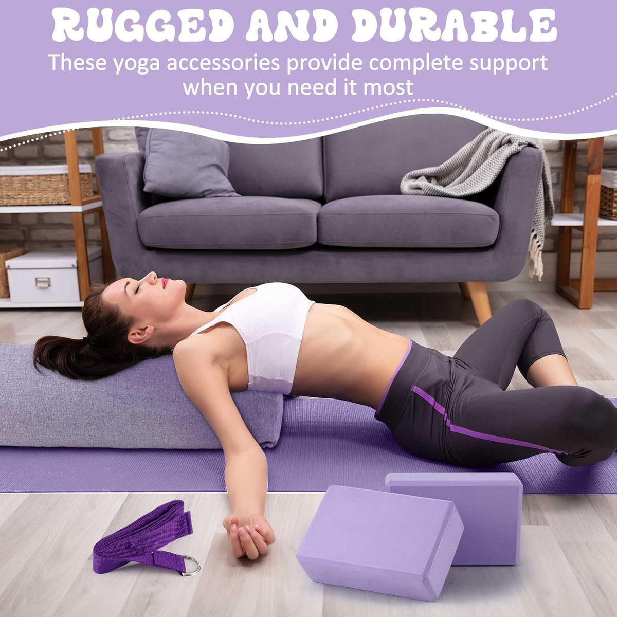 4 Pcs Yoga Bolster Pillows Blocks with Strap Set Comfortable Meditation Pillow with Carry Handle for Restorative Non Slip Reusable Yoga Blocks for Balance, Pilates, Washable Cover