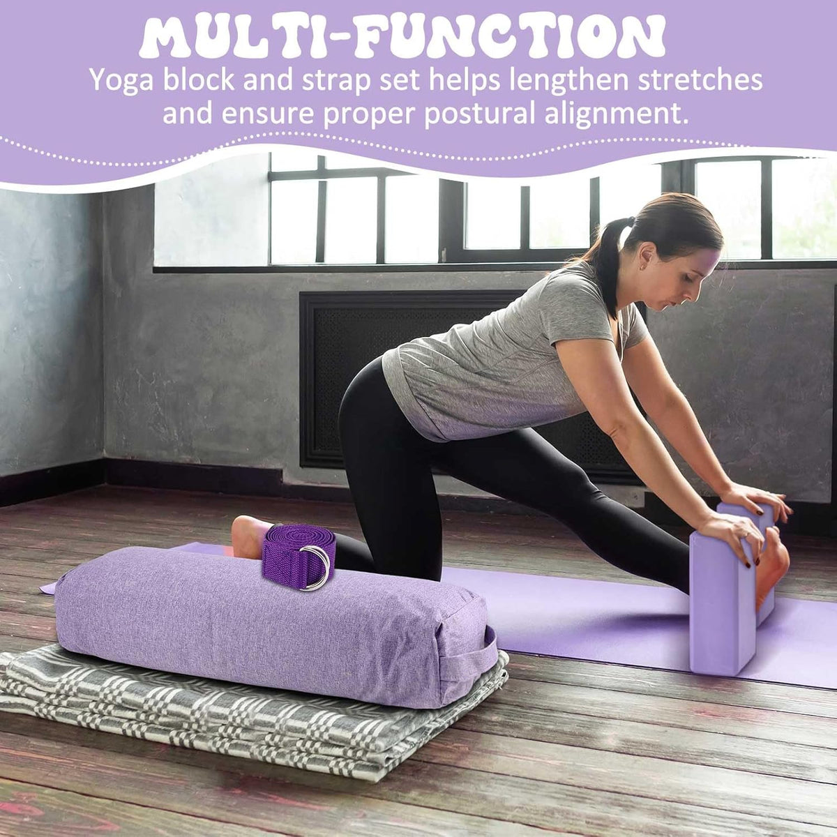 4 Pcs Yoga Bolster Pillows Blocks with Strap Set Comfortable Meditation Pillow with Carry Handle for Restorative Non Slip Reusable Yoga Blocks for Balance, Pilates, Washable Cover