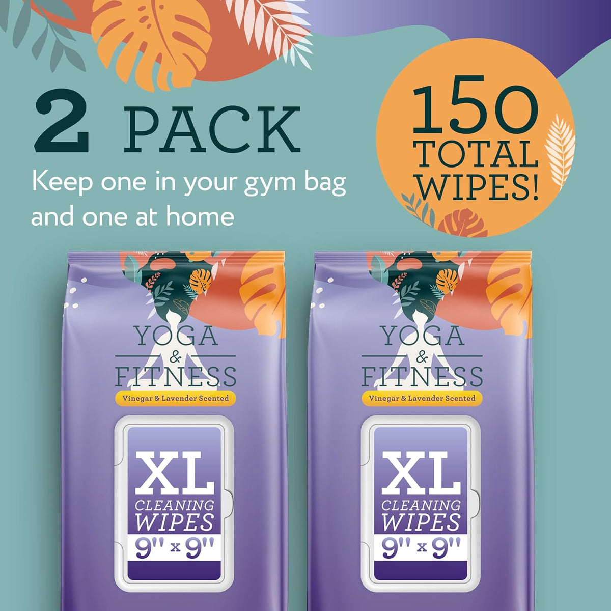 Yoga Mat Cleaner Wipes - Heavy Duty Cleaning for Exercise Equipment - Wipes for Yoga Mats - Lavender Essential Oil Freshening - 150 Count, 9 x 9 in, Lavender