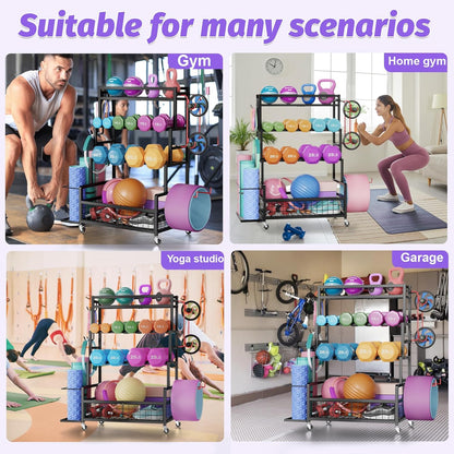 Dumbbell Rack,Home Gym Storage Rack,Total Weight Capacity 490 lbs,Weight Rack with Wheels/Strength Training Equipment Storage Rack with Hooks,Stores Dumbbells,Kettlebells,Yoga Mats