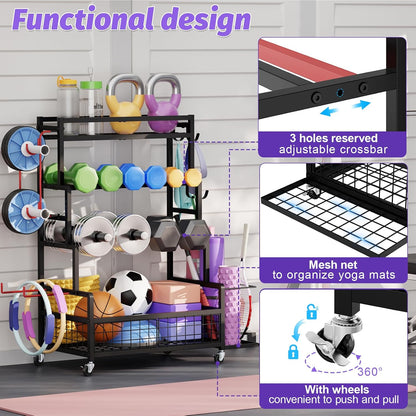 Dumbbell Rack,Home Gym Storage Rack,Total Weight Capacity 490 lbs,Weight Rack with Wheels/Strength Training Equipment Storage Rack with Hooks,Stores Dumbbells,Kettlebells,Yoga Mats