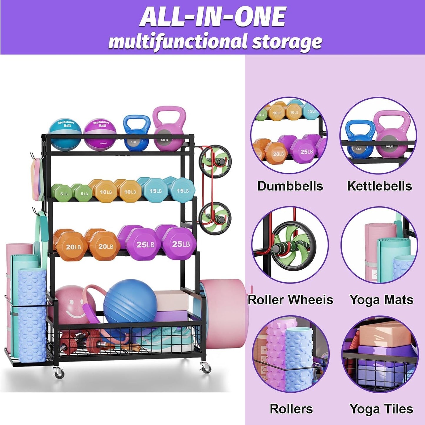 Dumbbell Rack,Home Gym Storage Rack,Total Weight Capacity 490 lbs,Weight Rack with Wheels/Strength Training Equipment Storage Rack with Hooks,Stores Dumbbells,Kettlebells,Yoga Mats