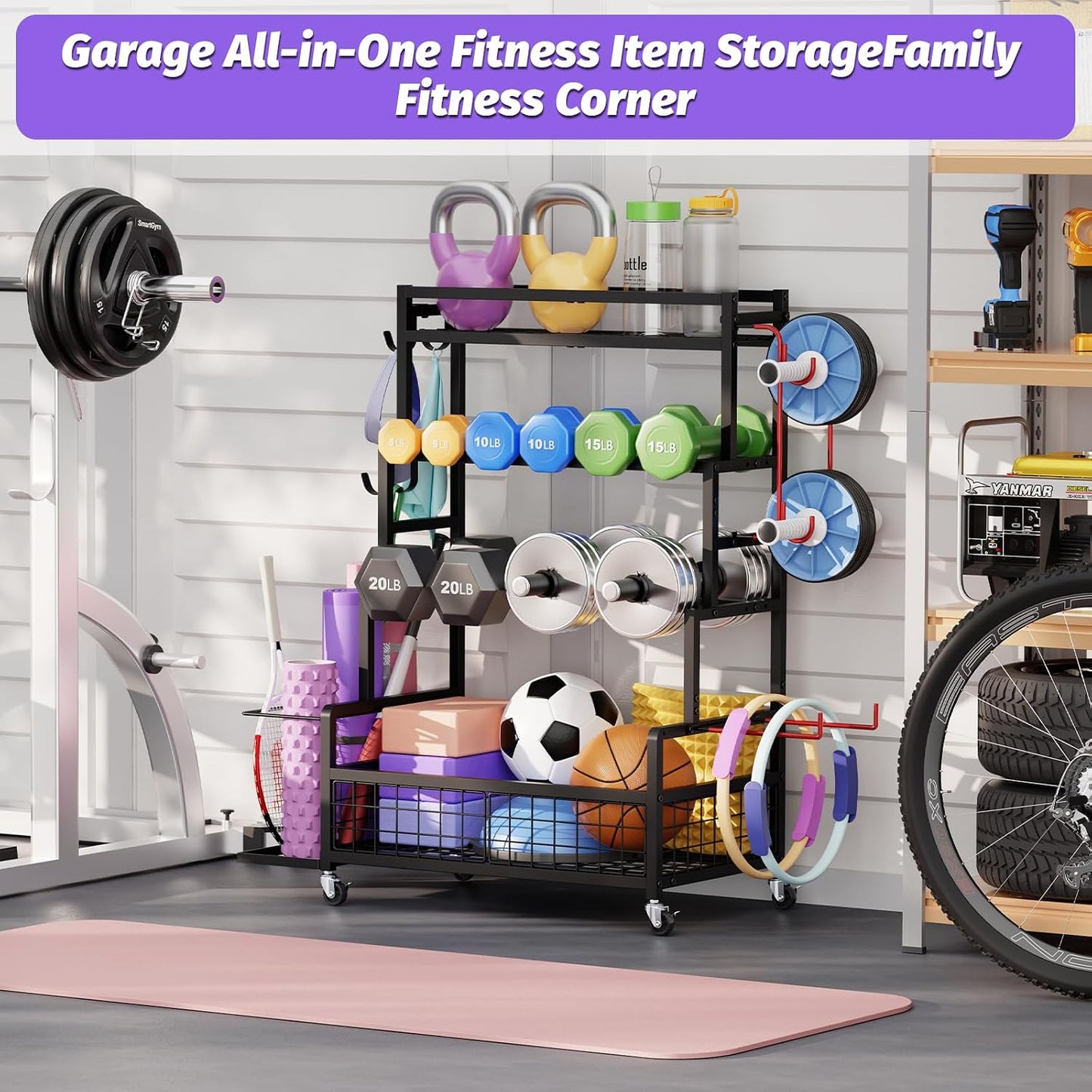 Dumbbell Rack,Home Gym Storage Rack,Total Weight Capacity 490 lbs,Weight Rack with Wheels/Strength Training Equipment Storage Rack with Hooks,Stores Dumbbells,Kettlebells,Yoga Mats