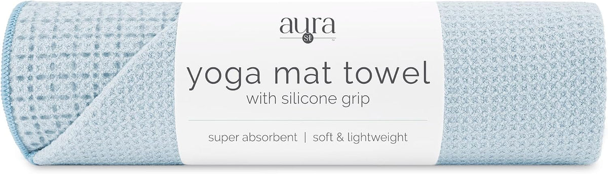 . Aura Yoga Mat Towel with Non-Slip Grip, Enhanced Silicone Grip, Soft and Absorbent for Gym, Pilates, and Hot Yoga Mat, 2 Pack, 24 inches x 72 inches, 340GSM, Blue