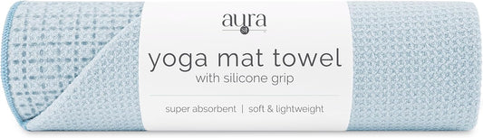 . Aura Yoga Mat Towel with Non-Slip Grip, Enhanced Silicone Grip, Soft and Absorbent for Gym, Pilates, and Hot Yoga Mat, 2 Pack, 24 inches x 72 inches, 340GSM, Blue