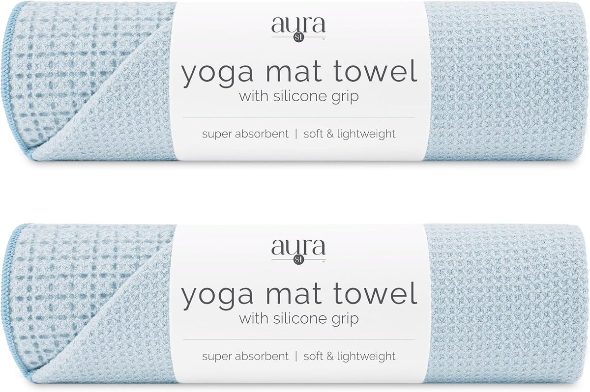 . Aura Yoga Mat Towel with Non-Slip Grip, Enhanced Silicone Grip, Soft and Absorbent for Gym, Pilates, and Hot Yoga Mat, 2 Pack, 24 inches x 72 inches, 340GSM, Blue