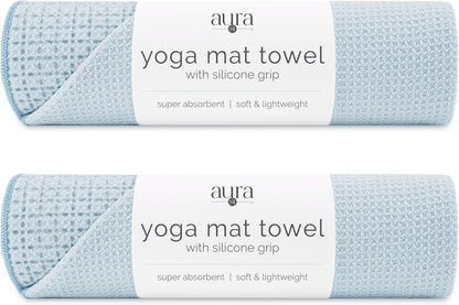 . Aura Yoga Mat Towel with Non-Slip Grip, Enhanced Silicone Grip, Soft and Absorbent for Gym, Pilates, and Hot Yoga Mat, 2 Pack, 24 inches x 72 inches, 340GSM, Blue