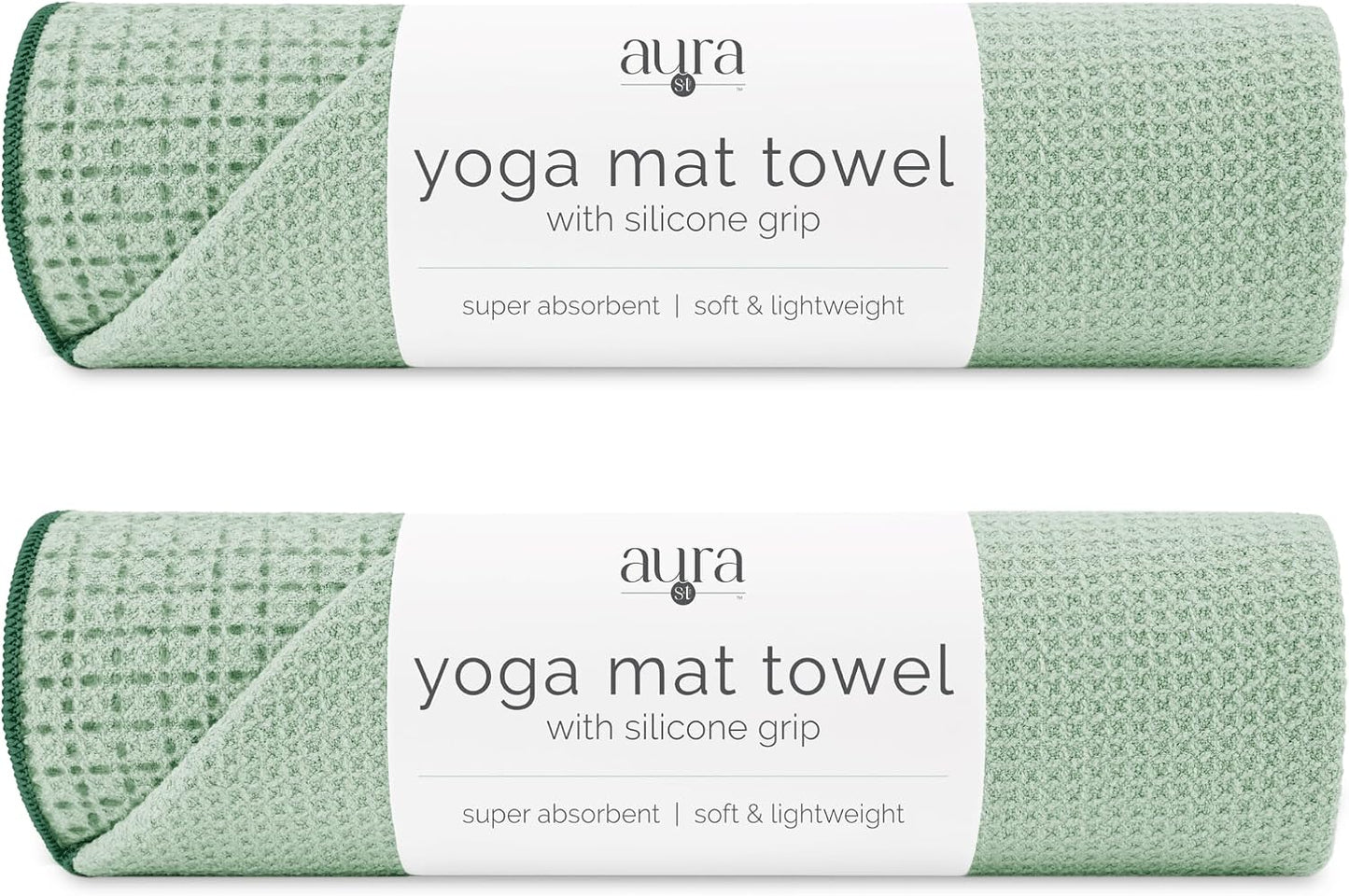 . Aura Yoga Mat Towel with Non-Slip Grip, Enhanced Silicone Grip, Soft and Absorbent for Gym, Pilates, and Hot Yoga Mat, 2 Pack, 24 inches x 72 inches, 340GSM, Blue