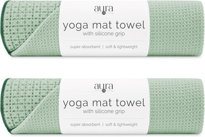 . Aura Yoga Mat Towel with Non-Slip Grip, Enhanced Silicone Grip, Soft and Absorbent for Gym, Pilates, and Hot Yoga Mat, 2 Pack, 24 inches x 72 inches, 340GSM, Blue