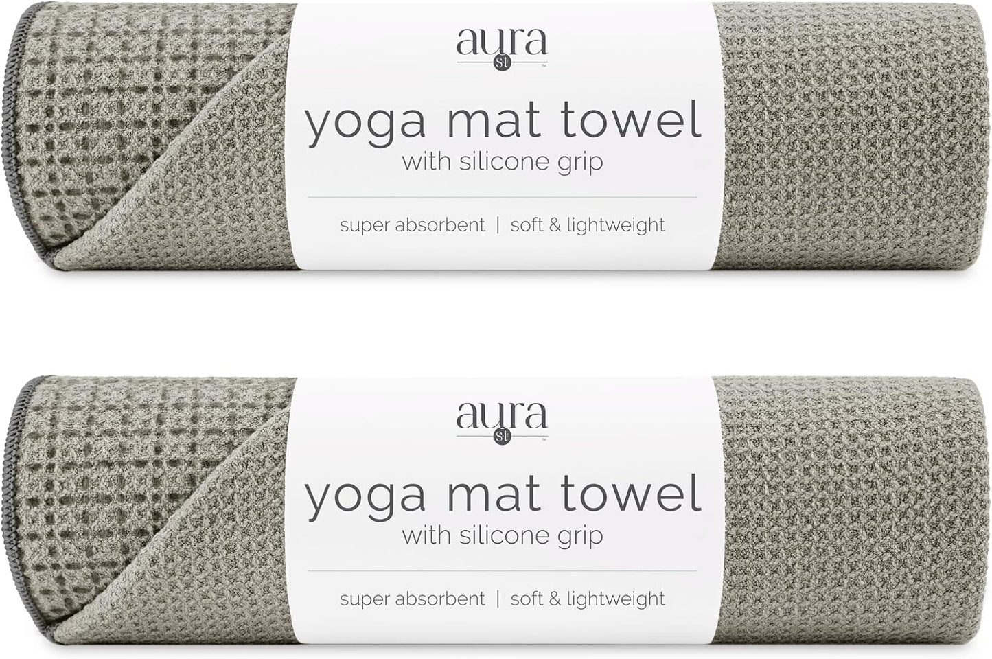 . Aura Yoga Mat Towel with Non-Slip Grip, Enhanced Silicone Grip, Soft and Absorbent for Gym, Pilates, and Hot Yoga Mat, 2 Pack, 24 inches x 72 inches, 340GSM, Blue