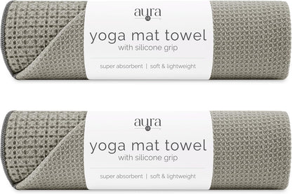 . Aura Yoga Mat Towel with Non-Slip Grip, Enhanced Silicone Grip, Soft and Absorbent for Gym, Pilates, and Hot Yoga Mat, 2 Pack, 24 inches x 72 inches, 340GSM, Blue