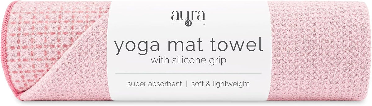 . Aura Yoga Mat Towel with Non-Slip Grip, Enhanced Silicone Grip, Soft and Absorbent for Gym, Pilates, and Hot Yoga Mat, 2 Pack, 24 inches x 72 inches, 340GSM, Blue