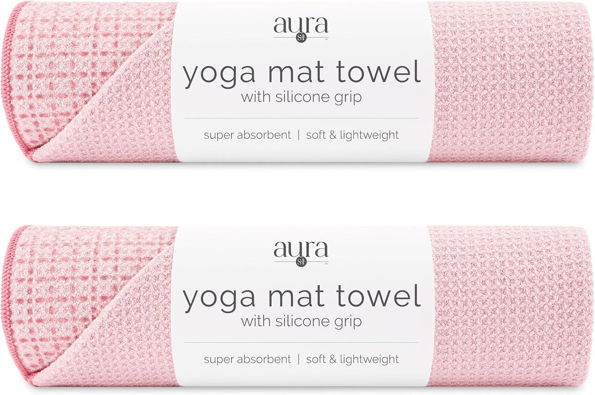 . Aura Yoga Mat Towel with Non-Slip Grip, Enhanced Silicone Grip, Soft and Absorbent for Gym, Pilates, and Hot Yoga Mat, 2 Pack, 24 inches x 72 inches, 340GSM, Blue