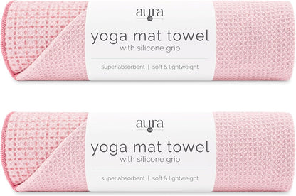 . Aura Yoga Mat Towel with Non-Slip Grip, Enhanced Silicone Grip, Soft and Absorbent for Gym, Pilates, and Hot Yoga Mat, 2 Pack, 24 inches x 72 inches, 340GSM, Blue