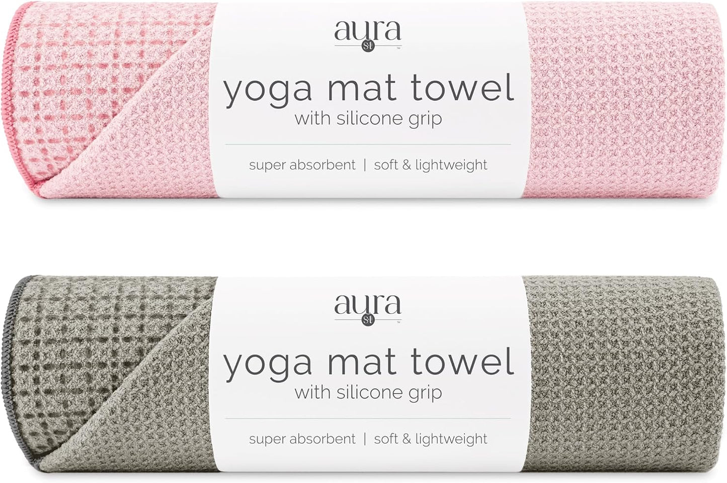 . Aura Yoga Mat Towel with Non-Slip Grip, Enhanced Silicone Grip, Soft and Absorbent for Gym, Pilates, and Hot Yoga Mat, 2 Pack, 24 inches x 72 inches, 340GSM, Blue