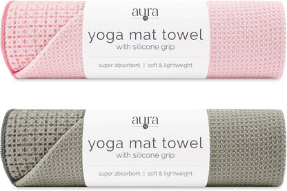 . Aura Yoga Mat Towel with Non-Slip Grip, Enhanced Silicone Grip, Soft and Absorbent for Gym, Pilates, and Hot Yoga Mat, 2 Pack, 24 inches x 72 inches, 340GSM, Blue
