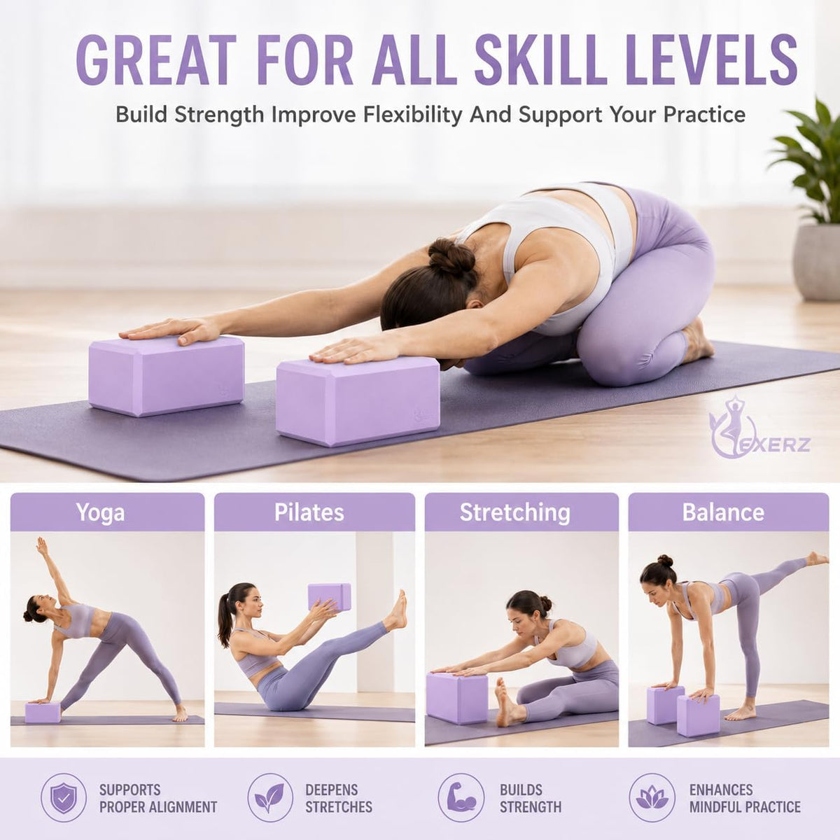 Yoga Blocks 2 pack, Gym Blocks, Exercise Workout Fitness Bricks, Pilates Stretch Handstand Non-Slip