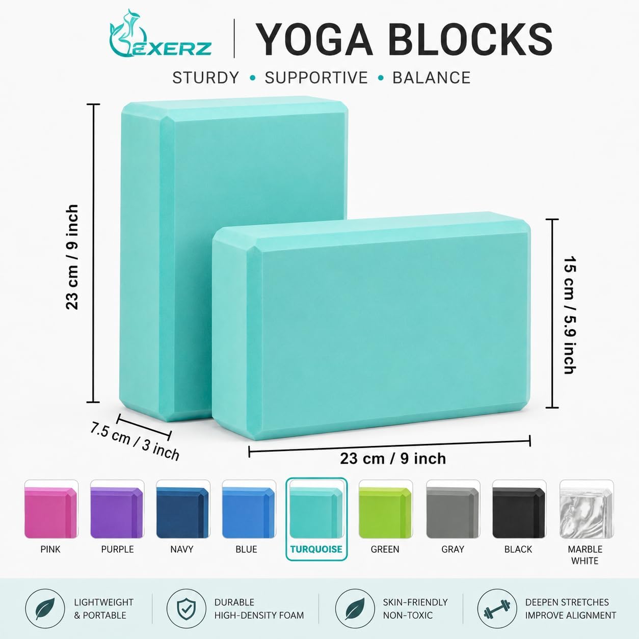 Yoga Blocks 2 pack, Gym Blocks, Exercise Workout Fitness Bricks, Pilates Stretch Handstand Non-Slip