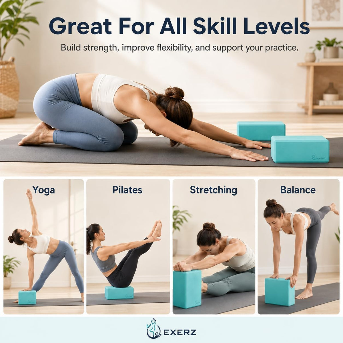 Yoga Blocks 2 pack, Gym Blocks, Exercise Workout Fitness Bricks, Pilates Stretch Handstand Non-Slip