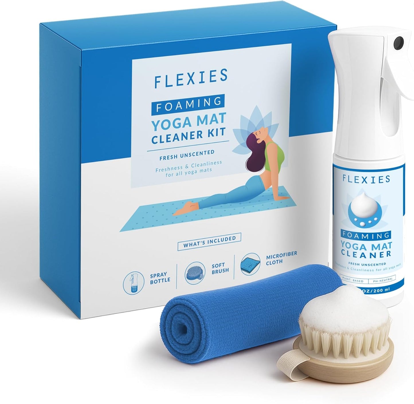 Foaming Yoga Mat Cleaner Spray Kit, Plant Based Non Toxic Mat Cleaner with Brush and Microfiber Cloth, Yoga Essentials for Women and Men, Pilates Mat Care, Lavender