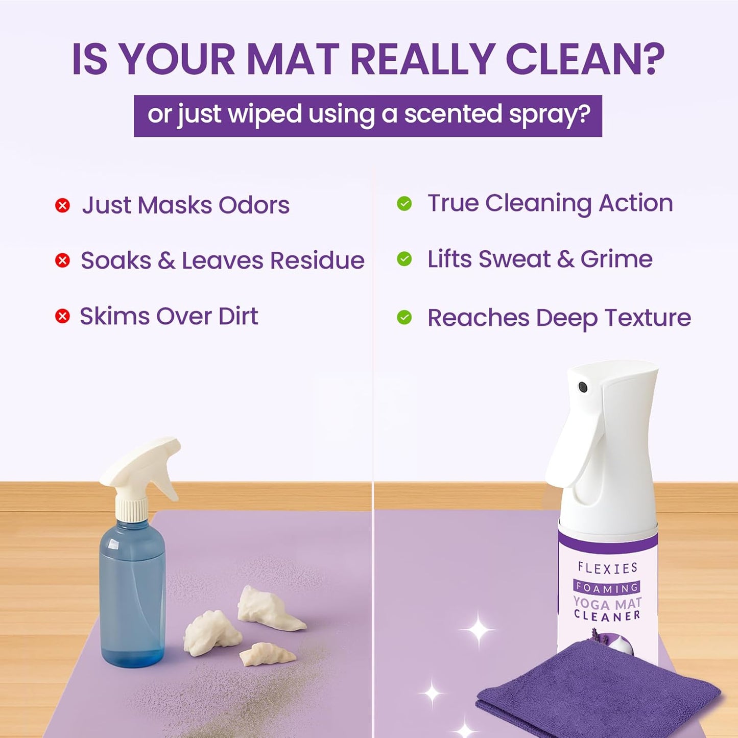 Foaming Yoga Mat Cleaner Spray Kit, Plant Based Non Toxic Mat Cleaner with Brush and Microfiber Cloth, Yoga Essentials for Women and Men, Pilates Mat Care, Lavender