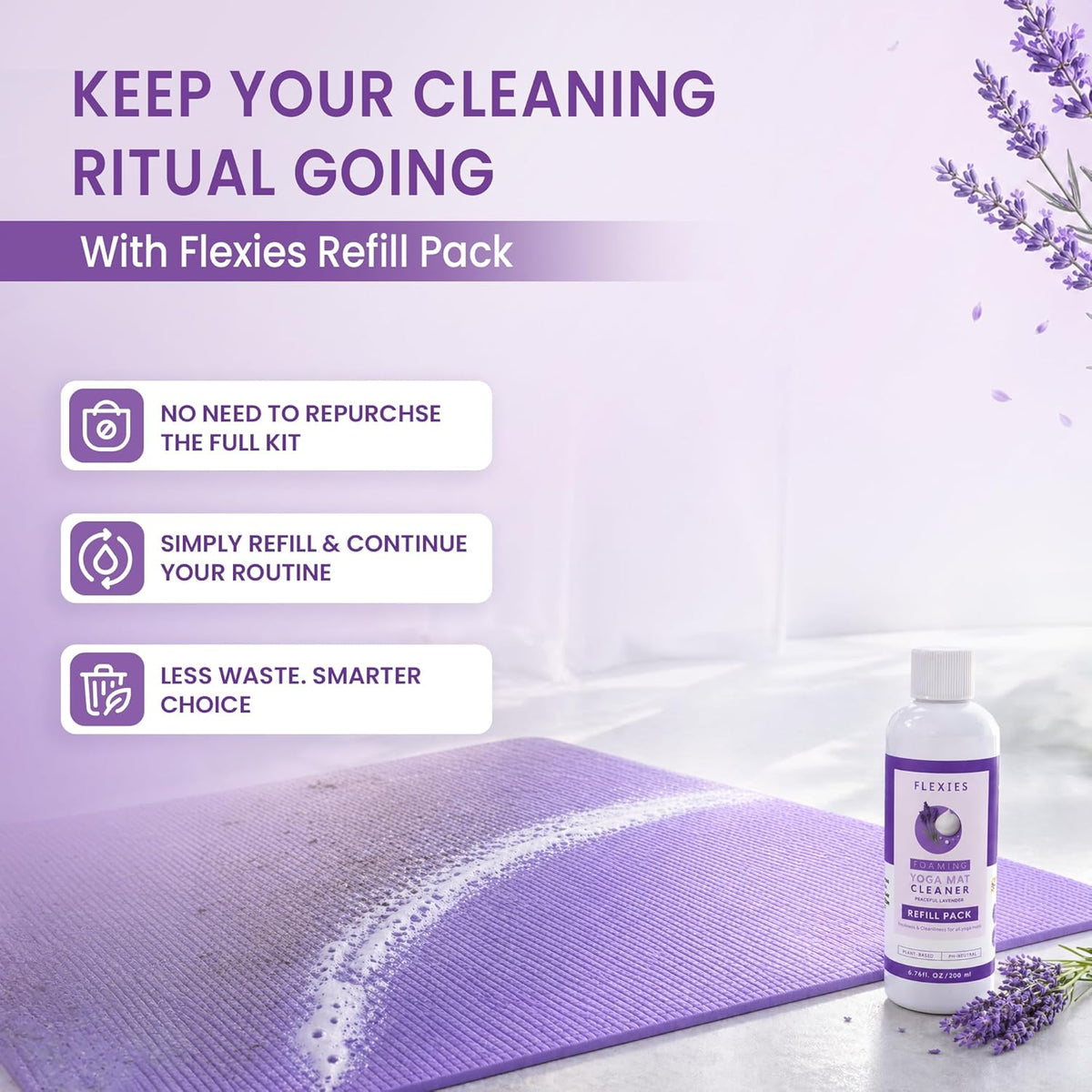 Foaming Yoga Mat Cleaner Spray Kit, Plant Based Non Toxic Mat Cleaner with Brush and Microfiber Cloth, Yoga Essentials for Women and Men, Pilates Mat Care, Lavender