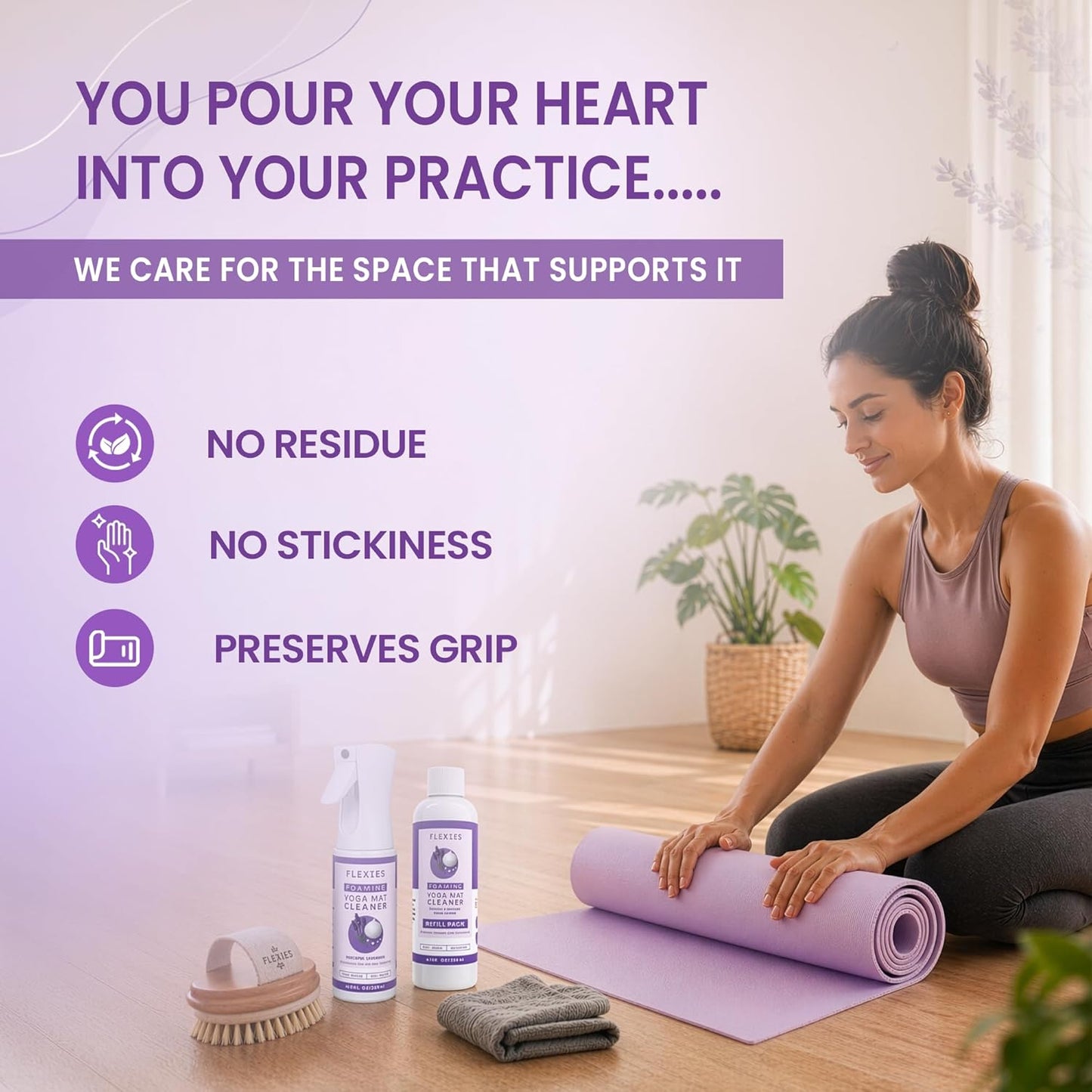 Foaming Yoga Mat Cleaner Spray Kit, Plant Based Non Toxic Mat Cleaner with Brush and Microfiber Cloth, Yoga Essentials for Women and Men, Pilates Mat Care, Lavender