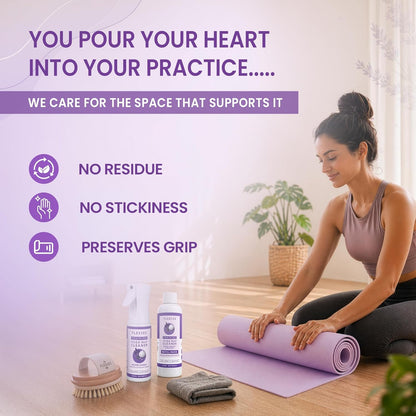 Foaming Yoga Mat Cleaner Spray Kit, Plant Based Non Toxic Mat Cleaner with Brush and Microfiber Cloth, Yoga Essentials for Women and Men, Pilates Mat Care, Lavender
