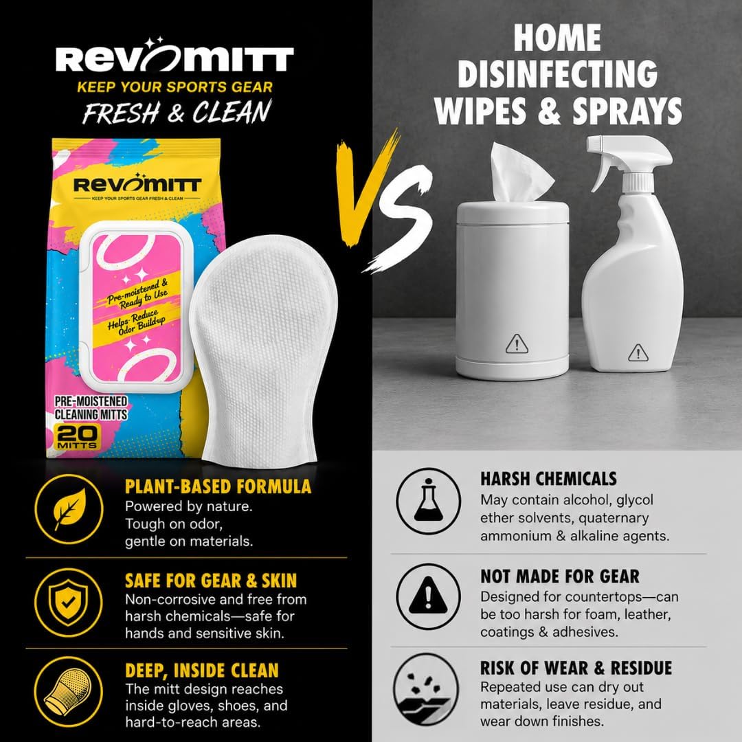 Sports Gear Cleaning & Deodorizing Mitts, Pre-Moistened for Boxing Gloves, Yoga Mats, Cleats, Helmets, Pads, Running Shoes & much more - 20 Count