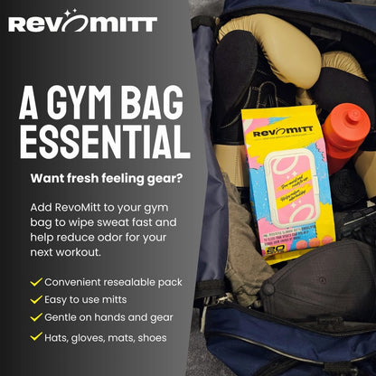 Sports Gear Cleaning & Deodorizing Mitts, Pre-Moistened for Boxing Gloves, Yoga Mats, Cleats, Helmets, Pads, Running Shoes & much more - 20 Count
