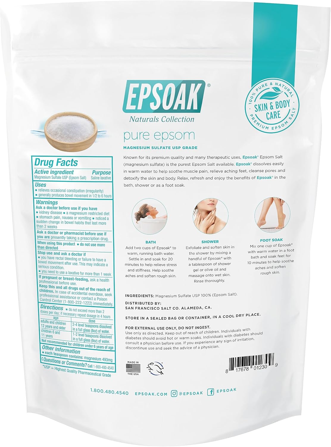 Epsom Salt 5 lb. Magnesium Sulfate USP. Resealable Epsom Salt Bag Unscented, Made in The USA, Cruelty-Free Certified