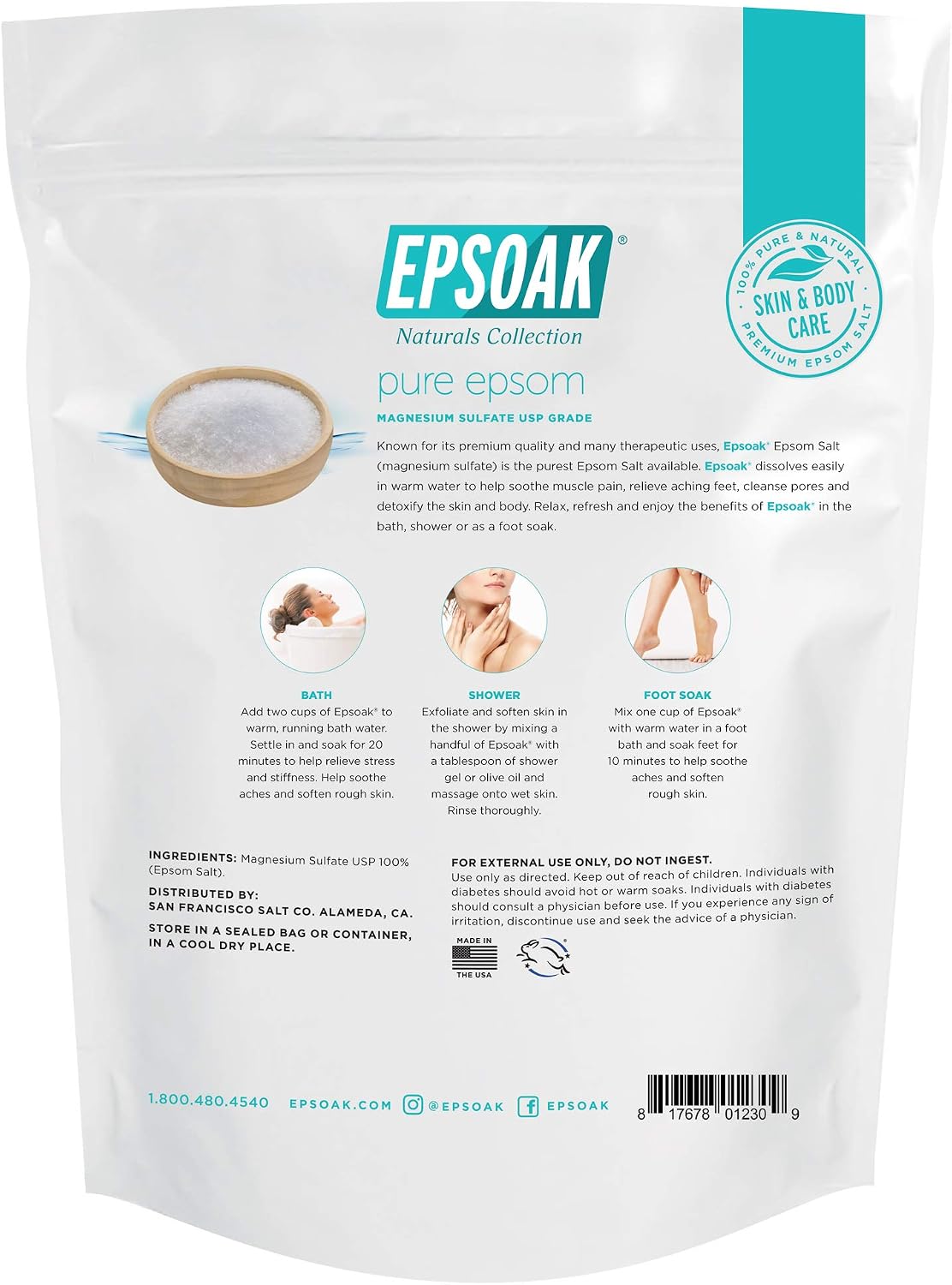 Epsom Salt 5 lb. Magnesium Sulfate USP. Resealable Epsom Salt Bag Unscented, Made in The USA, Cruelty-Free Certified