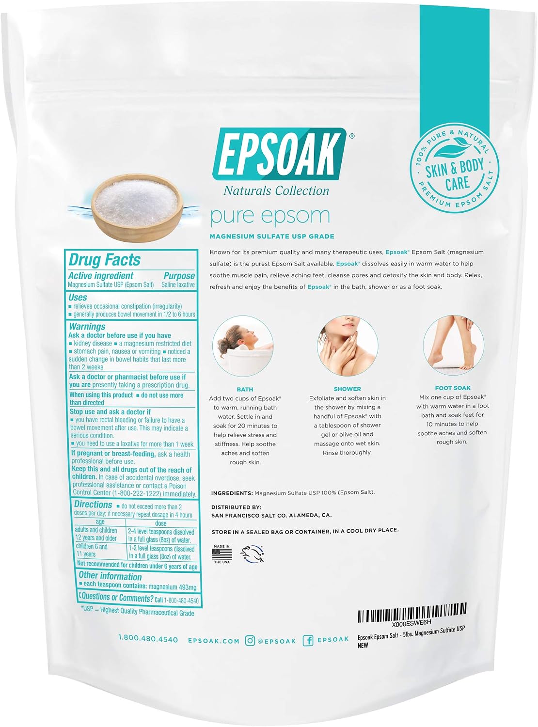 Epsom Salt 5 lb. Magnesium Sulfate USP. Resealable Epsom Salt Bag Unscented, Made in The USA, Cruelty-Free Certified