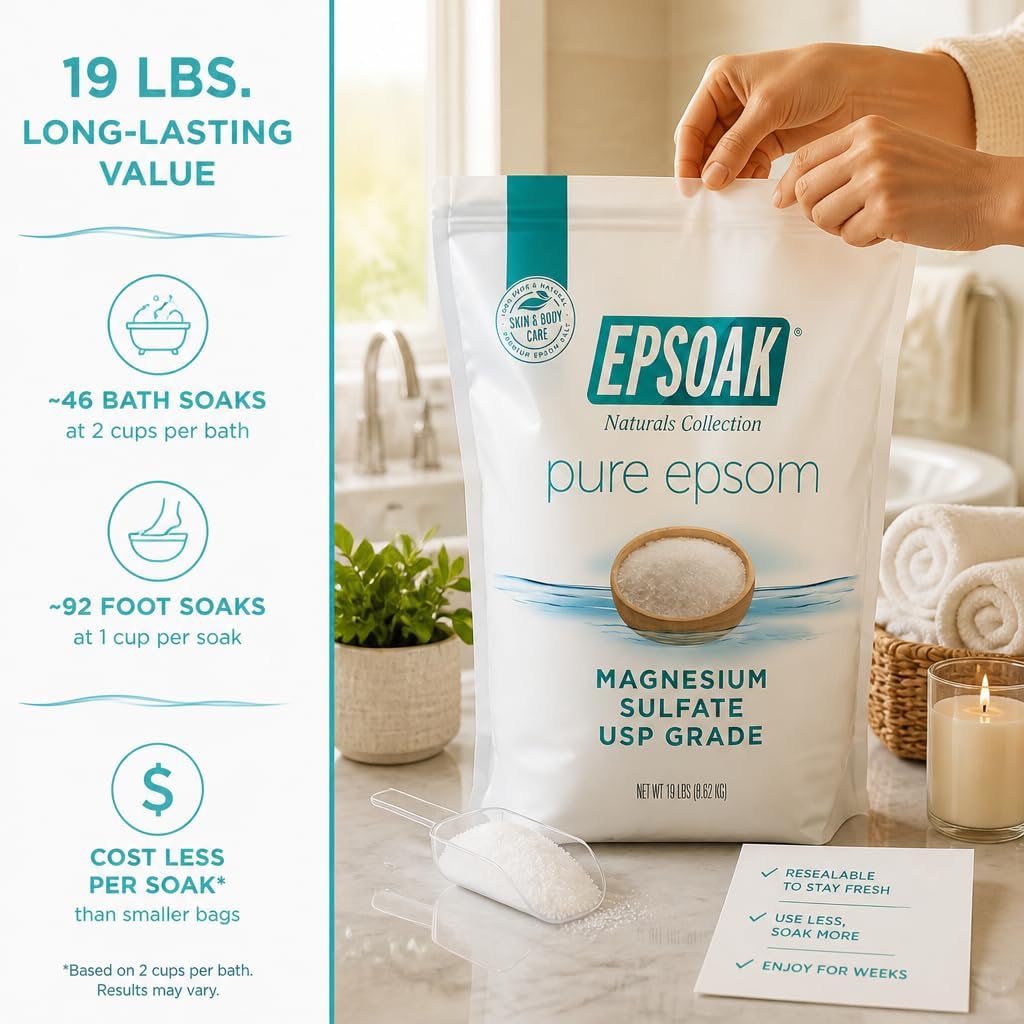 Epsom Salt 5 lb. Magnesium Sulfate USP. Resealable Epsom Salt Bag Unscented, Made in The USA, Cruelty-Free Certified