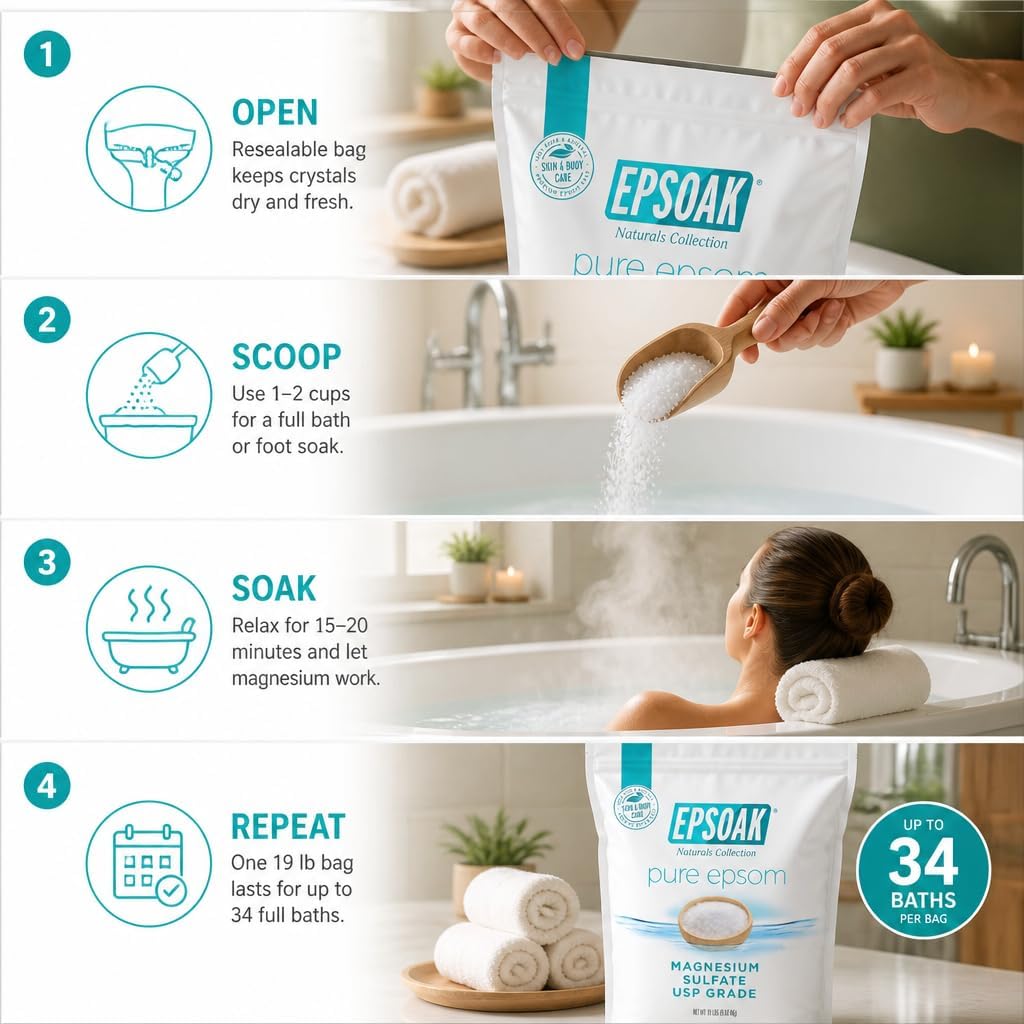 Epsom Salt 5 lb. Magnesium Sulfate USP. Resealable Epsom Salt Bag Unscented, Made in The USA, Cruelty-Free Certified