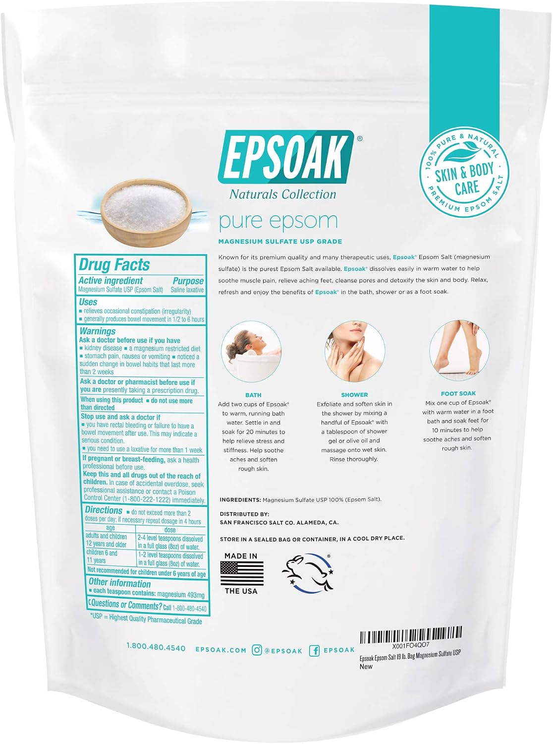 Epsom Salt 5 lb. Magnesium Sulfate USP. Resealable Epsom Salt Bag Unscented, Made in The USA, Cruelty-Free Certified