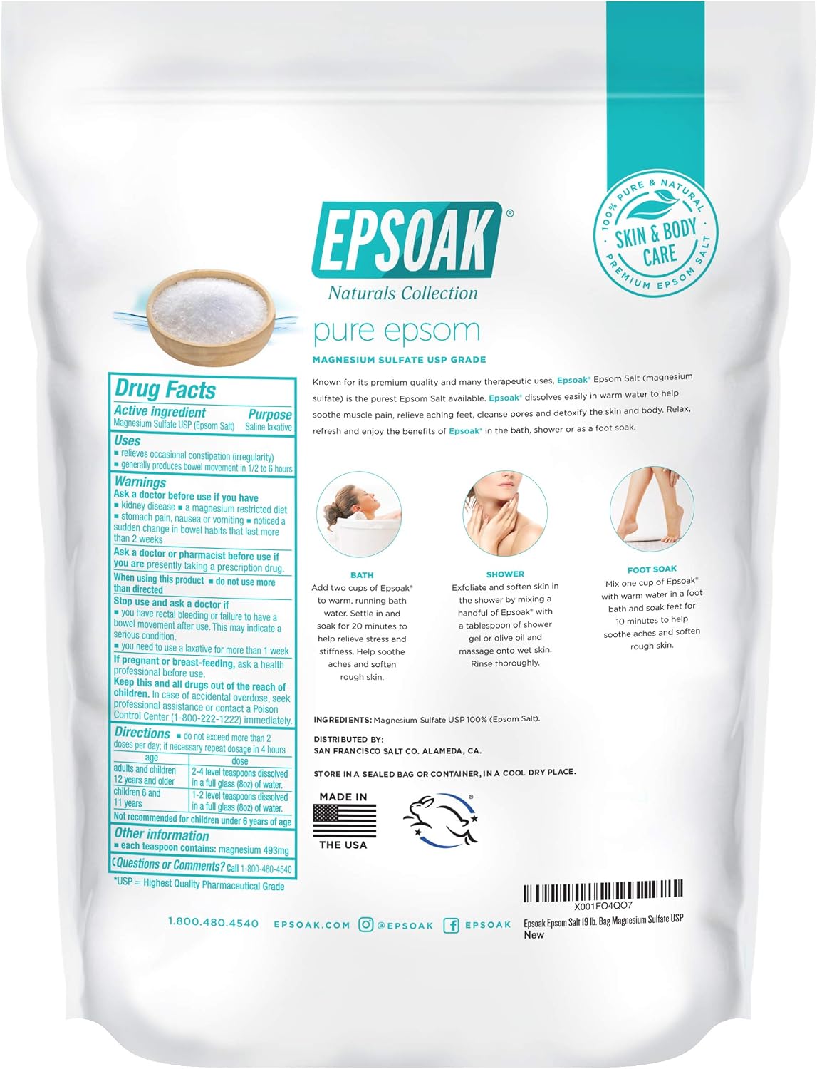 Epsom Salt 5 lb. Magnesium Sulfate USP. Resealable Epsom Salt Bag Unscented, Made in The USA, Cruelty-Free Certified