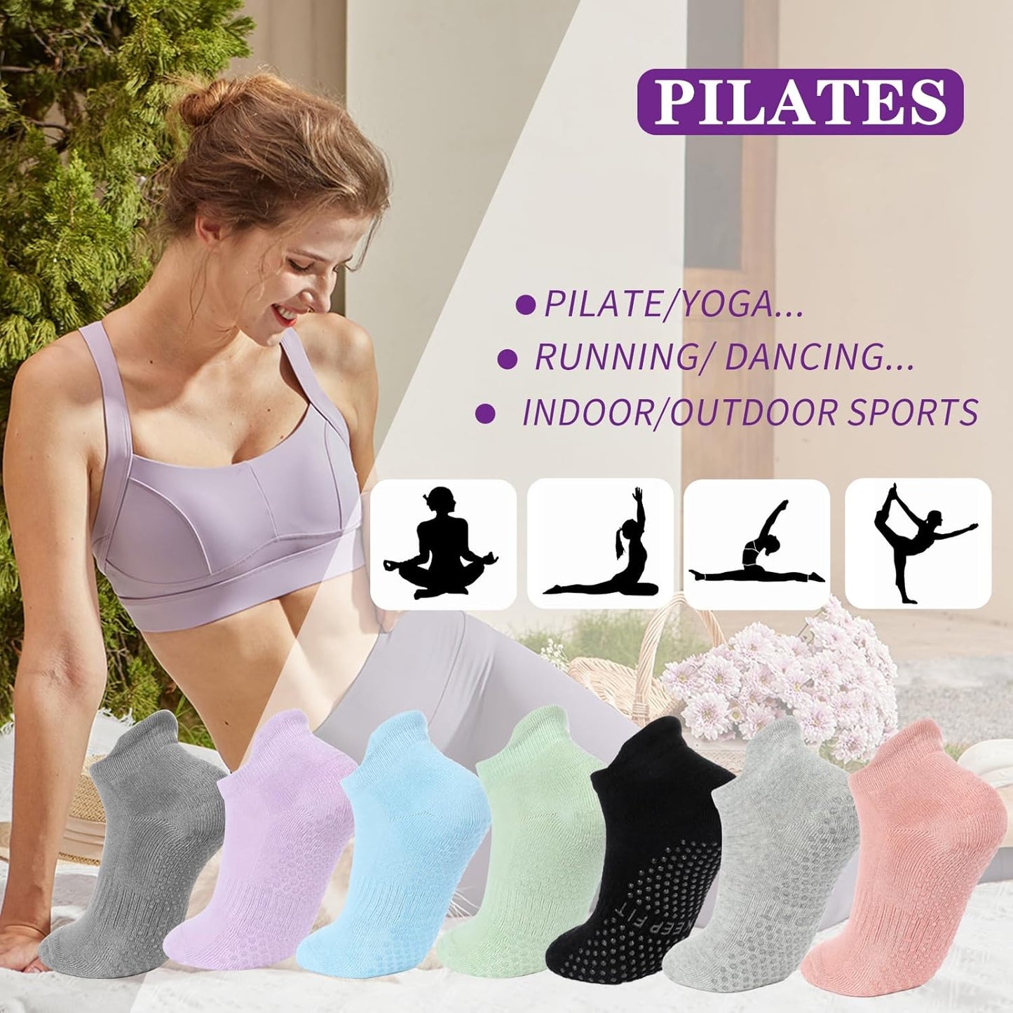 Grip Pilates Socks Non Slip Athletic Yoga Socks with Grips for Women Grippy socks for Hospital Workout Barre