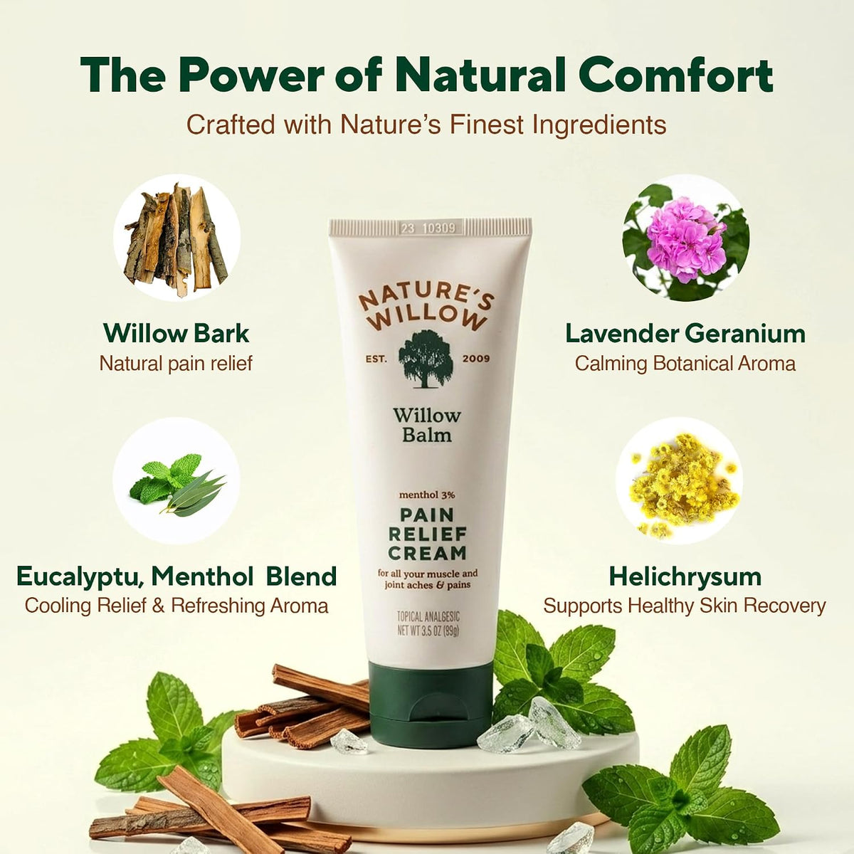 Willow Balm Natural Pain Relief Cream for Muscles & Joints | Willow Bark & Menthol | Free from Artificial Fragrances & Dyes | 1-Pack | 3.5 fl oz