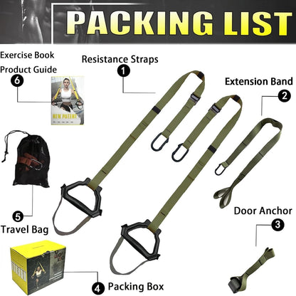 Bodyweight Resistance Training Straps, Complete Home Gym Fitness Trainer kit for Full-Body Workout, Included Door Anchor, Extension Strap, Fitness Guide