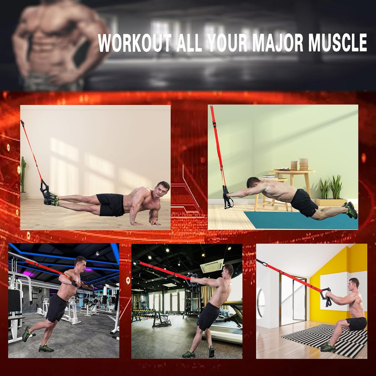 Bodyweight Resistance Training Straps, Complete Home Gym Fitness Trainer kit for Full-Body Workout, Included Door Anchor, Extension Strap, Fitness Guide