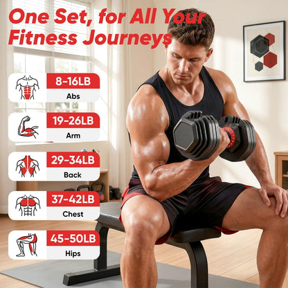 Adjustable Dumbbell Set 25/50LB Dumbbells Weight, 10-in-1/18-in-1 Weight Dumbbell with Anti-Slip Metal Handle and Bicep Supports for Comprehensive Full Body Strength Training