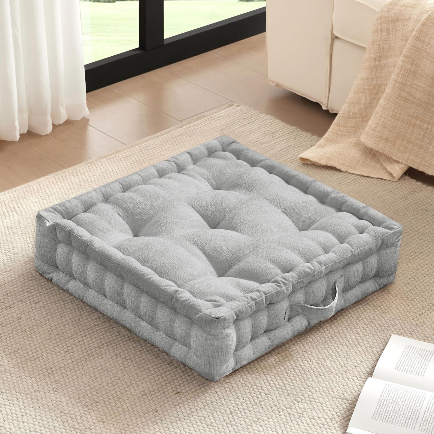Intelligent Design Azza Floor Pillow, Large Cushions Sitting for Adults, Floor Pillow for Meditation or Yoga, Lustrous Chenille Tufted with Scalloped Edges for Bench/Chair Cushion, 24"x24"x5" Aqua